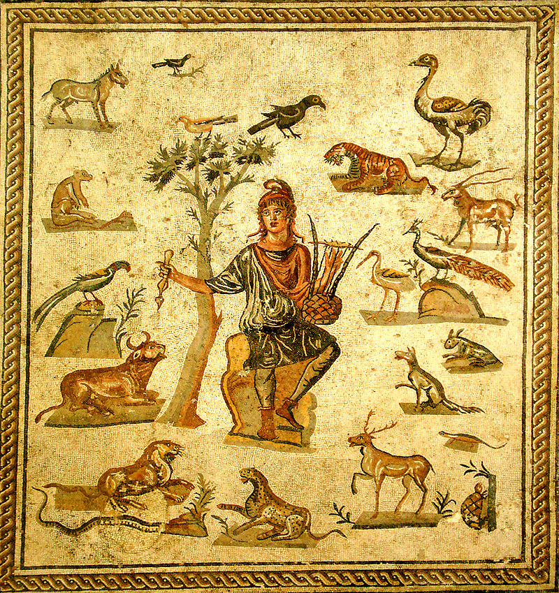 Roman mosaic depicting Orpheus Phrygian surrounded by the beasts charmed by the music of his lyre